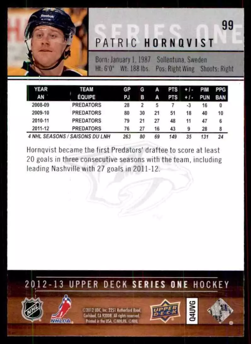 2012-13 Upper Deck #99 Patric Hornqvist 1