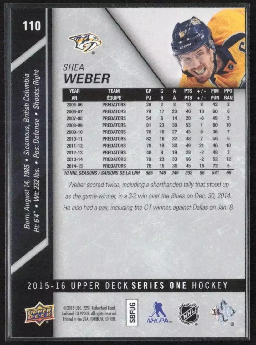 2015-16 Upper Deck #110 Shea Weber 1
