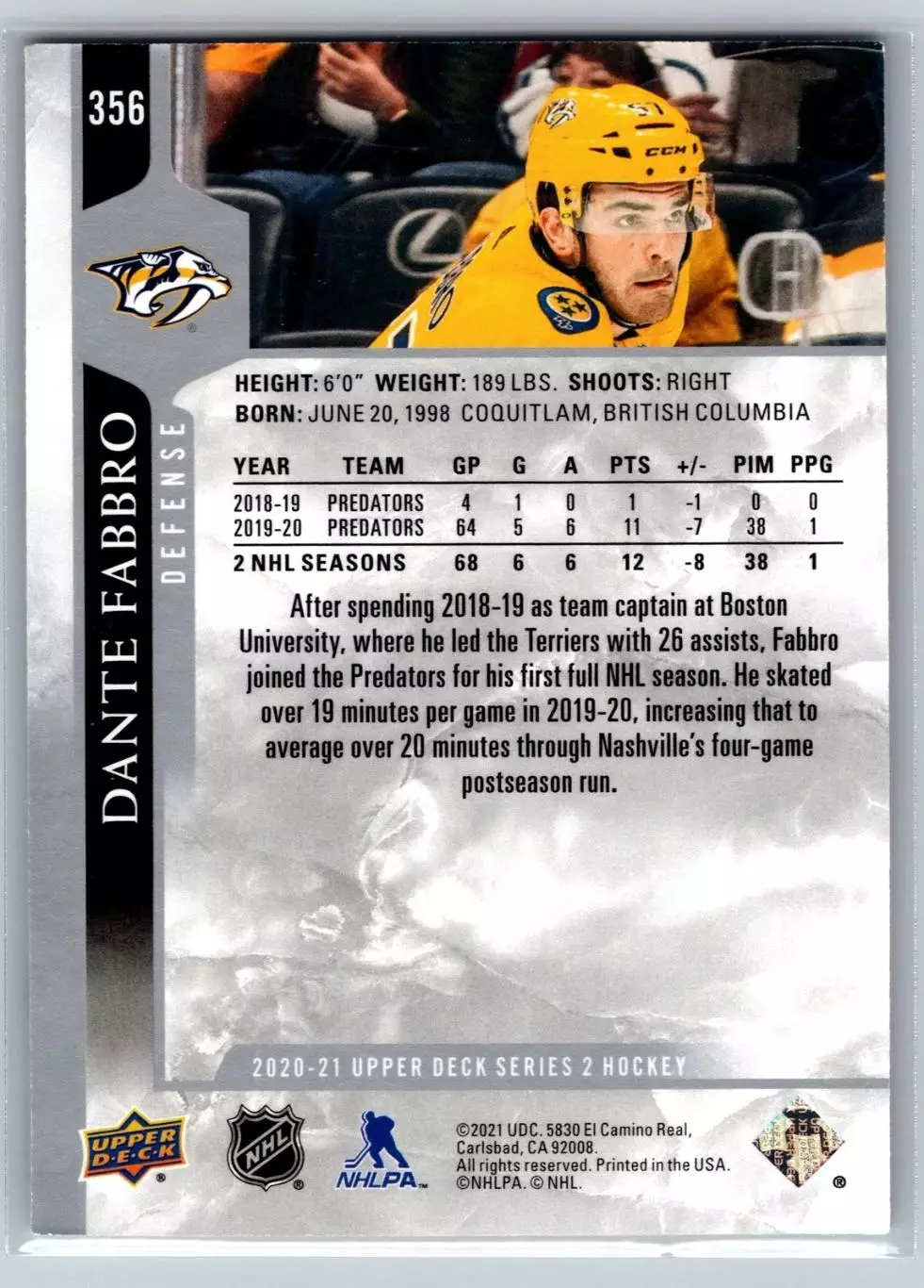 2020-21 Upper Deck #356 Dante Fabbro 1