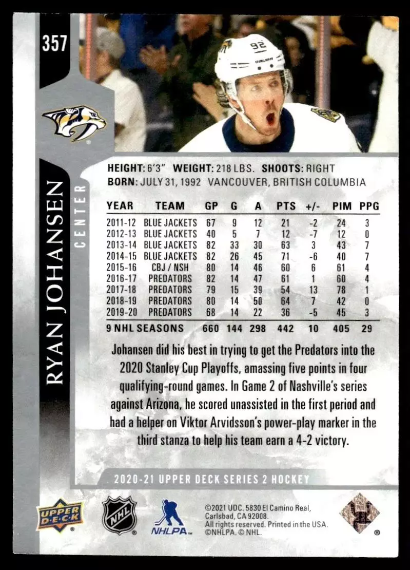 2020-21 Upper Deck #357 Ryan Johansen 1