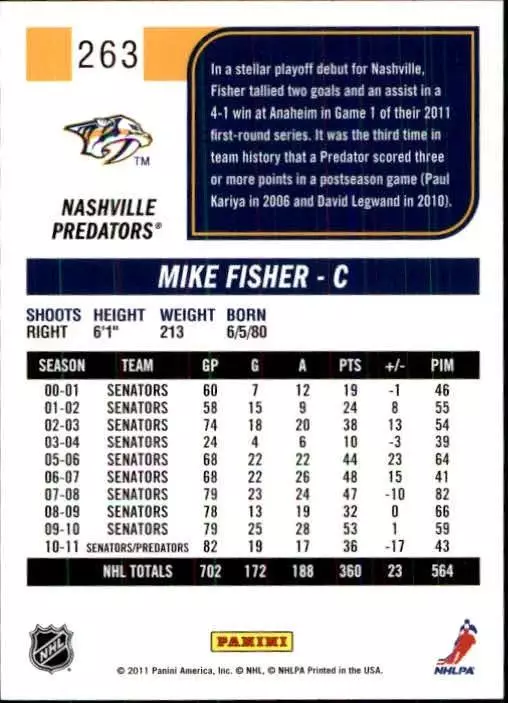 2011-12 Score #263 Mike Fisher 1
