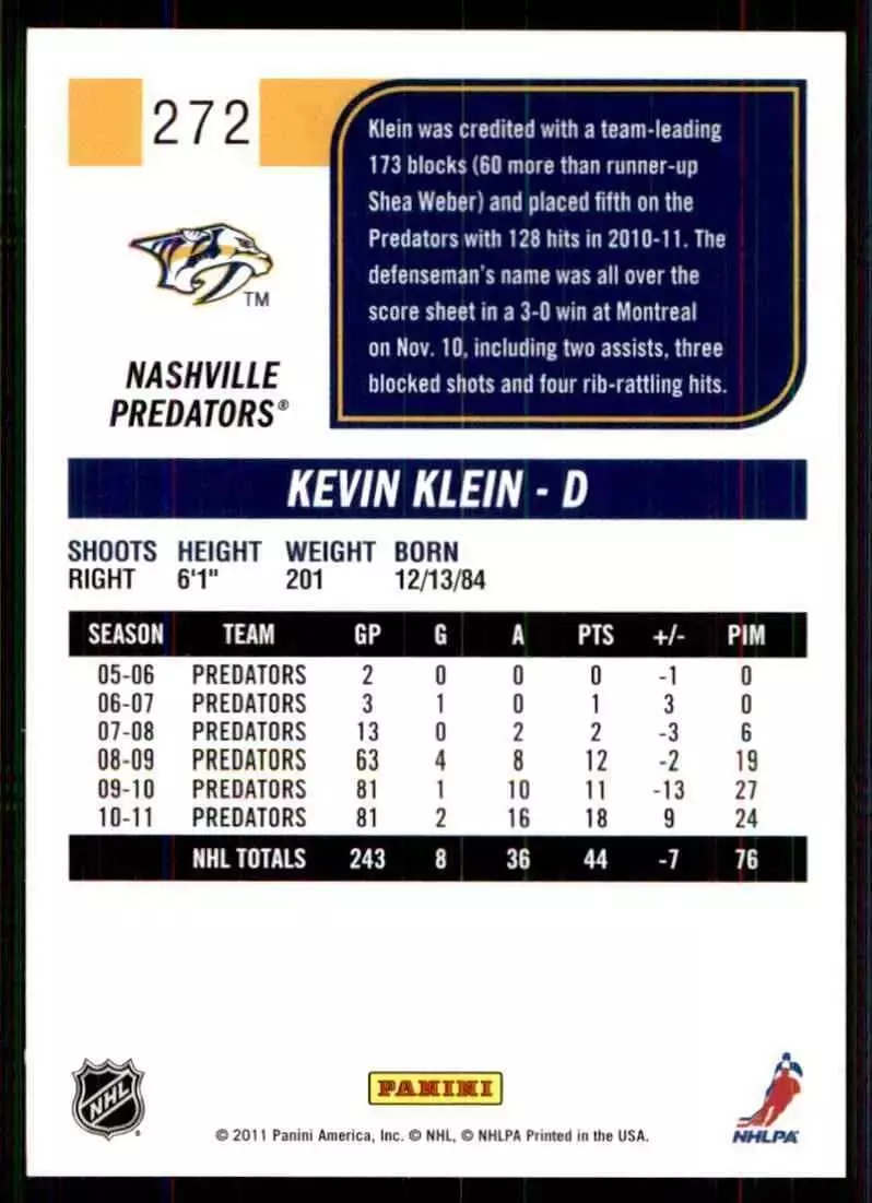 2011-12 Score #272 Kevin Klein 1