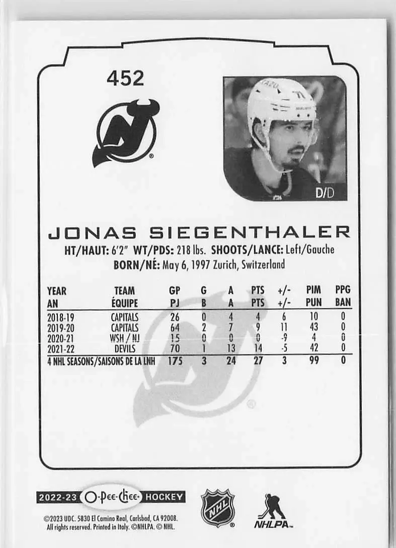 2022-23 O-Pee-Chee #452 Jonas Siegenthaler 1