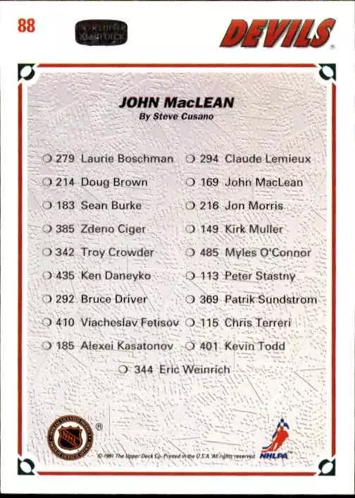 1991-92 Upper Deck #88 John MacLean/(New Jersey Devils TC) 1