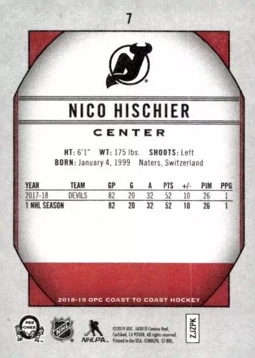 2018-19 O-Pee-Chee Coast to Coast #7 Nico Hischier 1