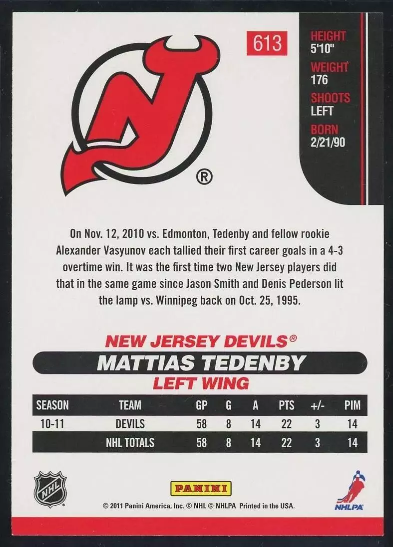 2010-11 Score #613 Mattias Tedenby RC 1