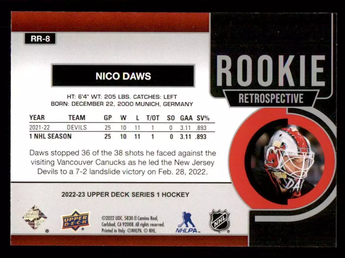 2022-23 Upper Deck Rookie Retrospective #RR8 Nico Daws 1