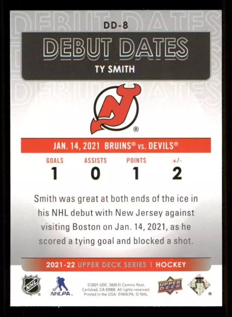 2021-22 Upper Deck Debut Dates #DD8 Ty Smith 1