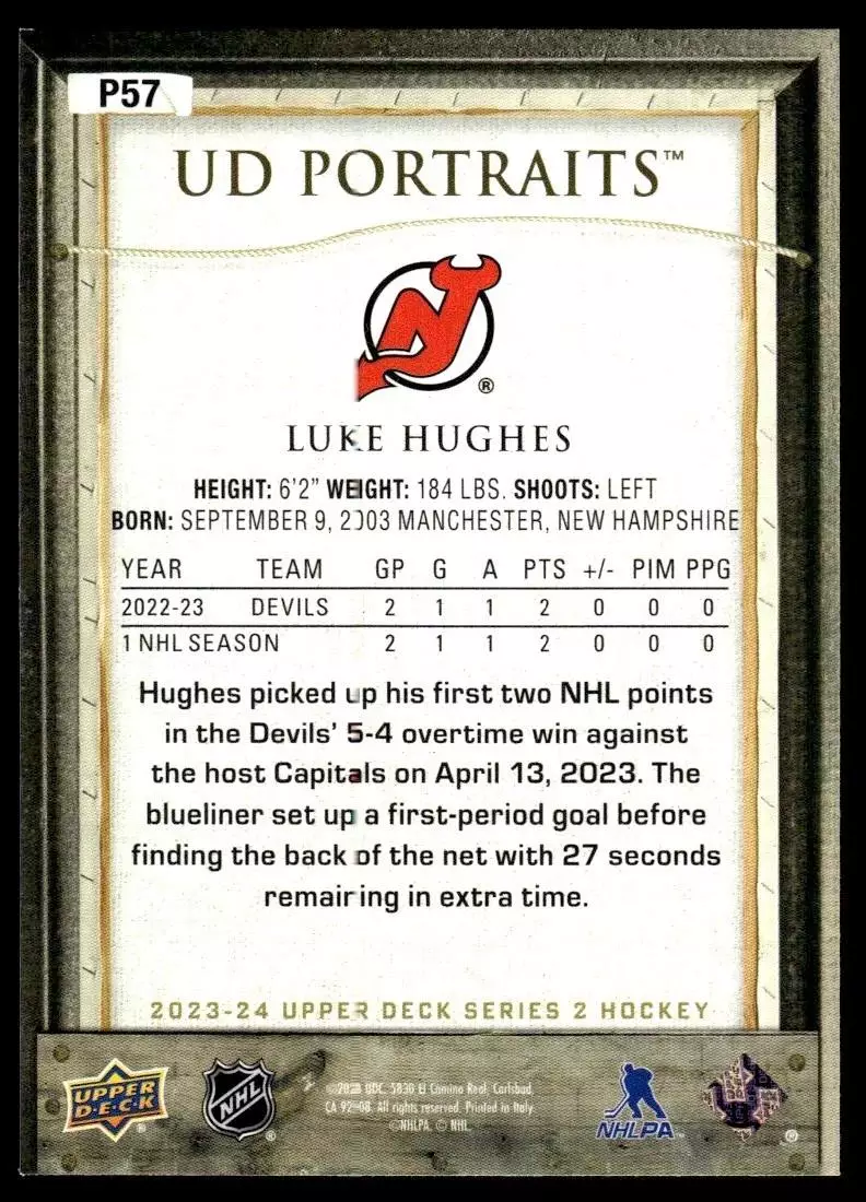 2023-24 Upper Deck UD Portraits #P57 Luke Hughes 1