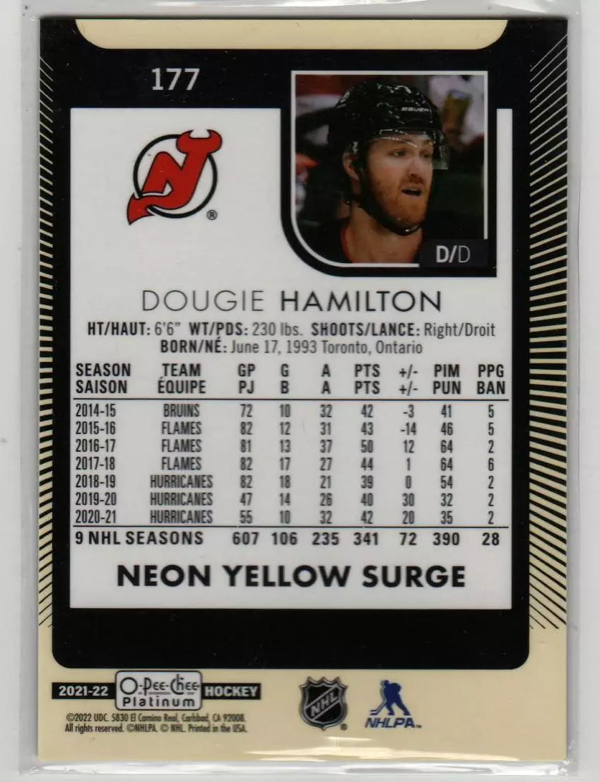 2021-22 O-Pee-Chee Platinum Neon Yellow Surge #177 Dougie Hamilton 1