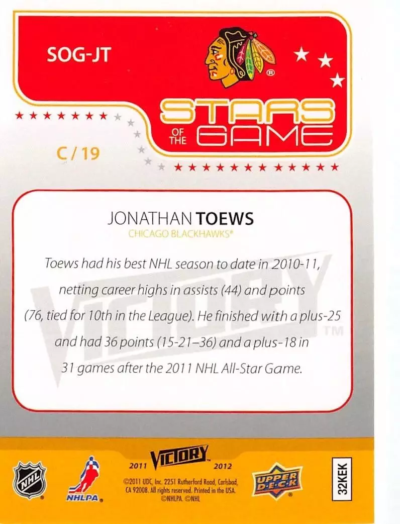 2011-12 Upper Deck Victory Stars of the Game #SOGJT Jonathan Toews 1