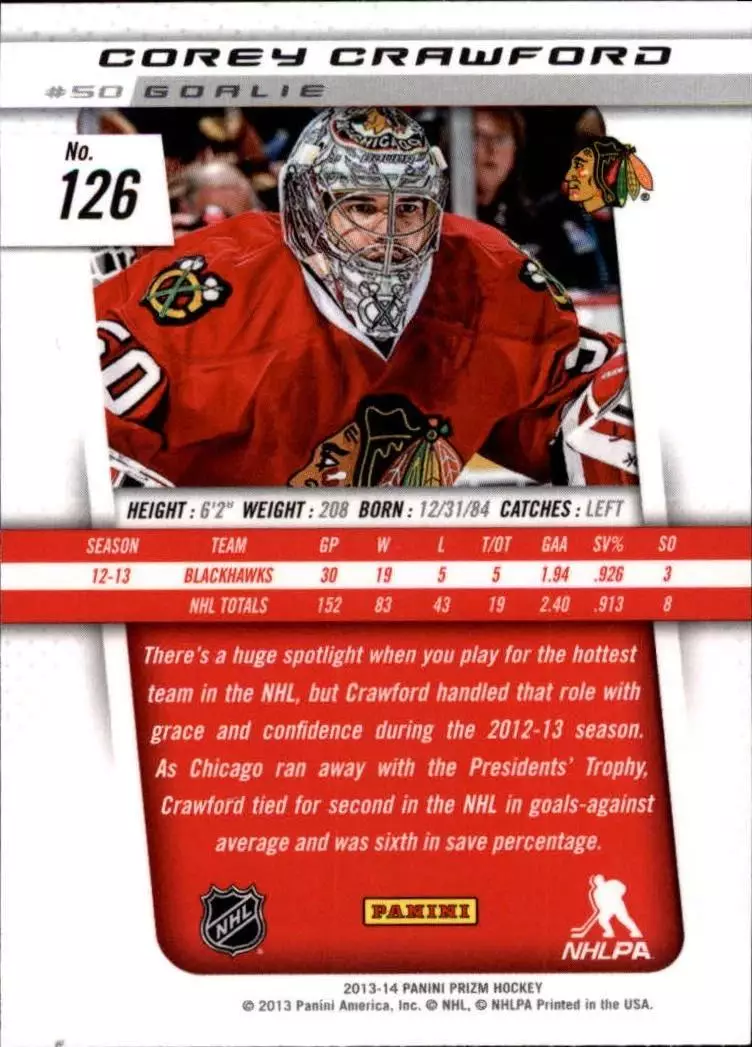 2013-14 Panini Prizm Prizms #126 Corey Crawford 1