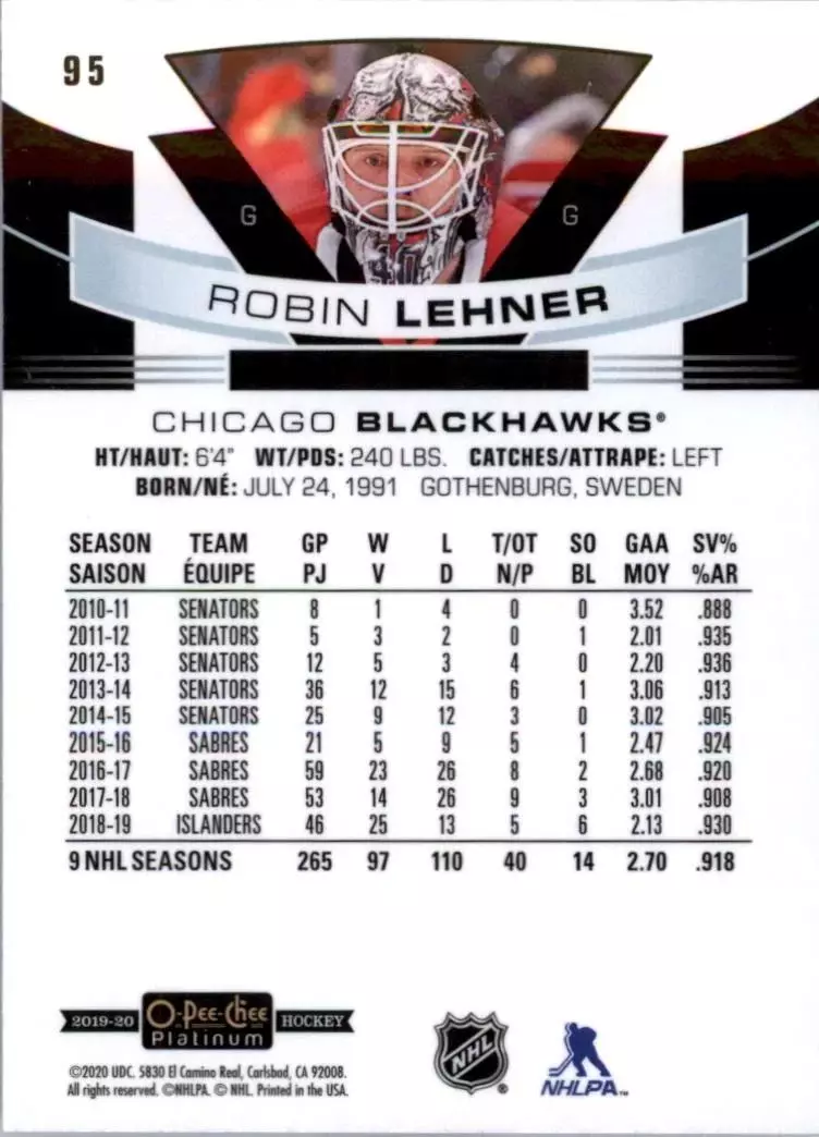2019-20 O-Pee-Chee Platinum #95 Robin Lehner 1