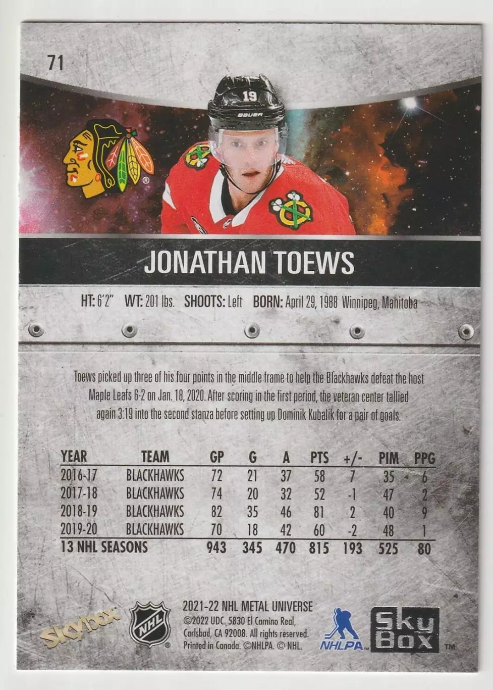 2021-22 Metal Universe #71 Jonathan Toews 1