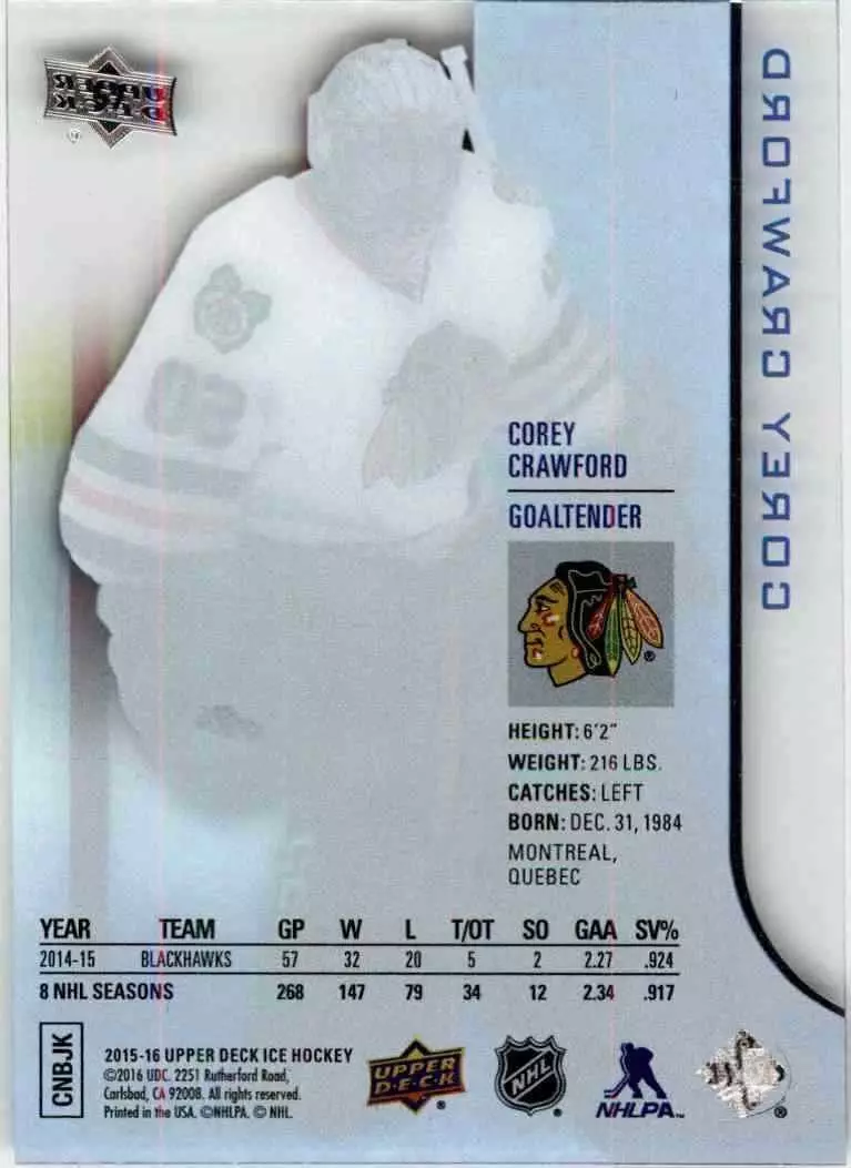 2015-16 Upper Deck Ice #57 Corey Crawford 1