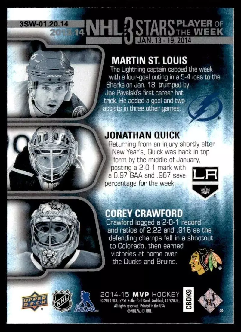 2014-15 Upper Deck MVP NHL Three Stars Player of the Week #3SW012014 1