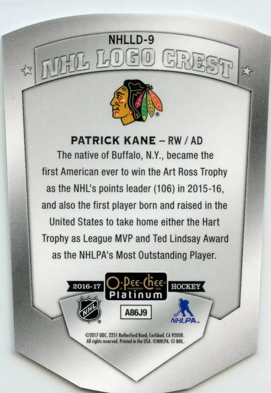2016-17 O-Pee-Chee Platinum NHL Logo Crest Die Cuts #NHLLD9 Patrick Kane 1