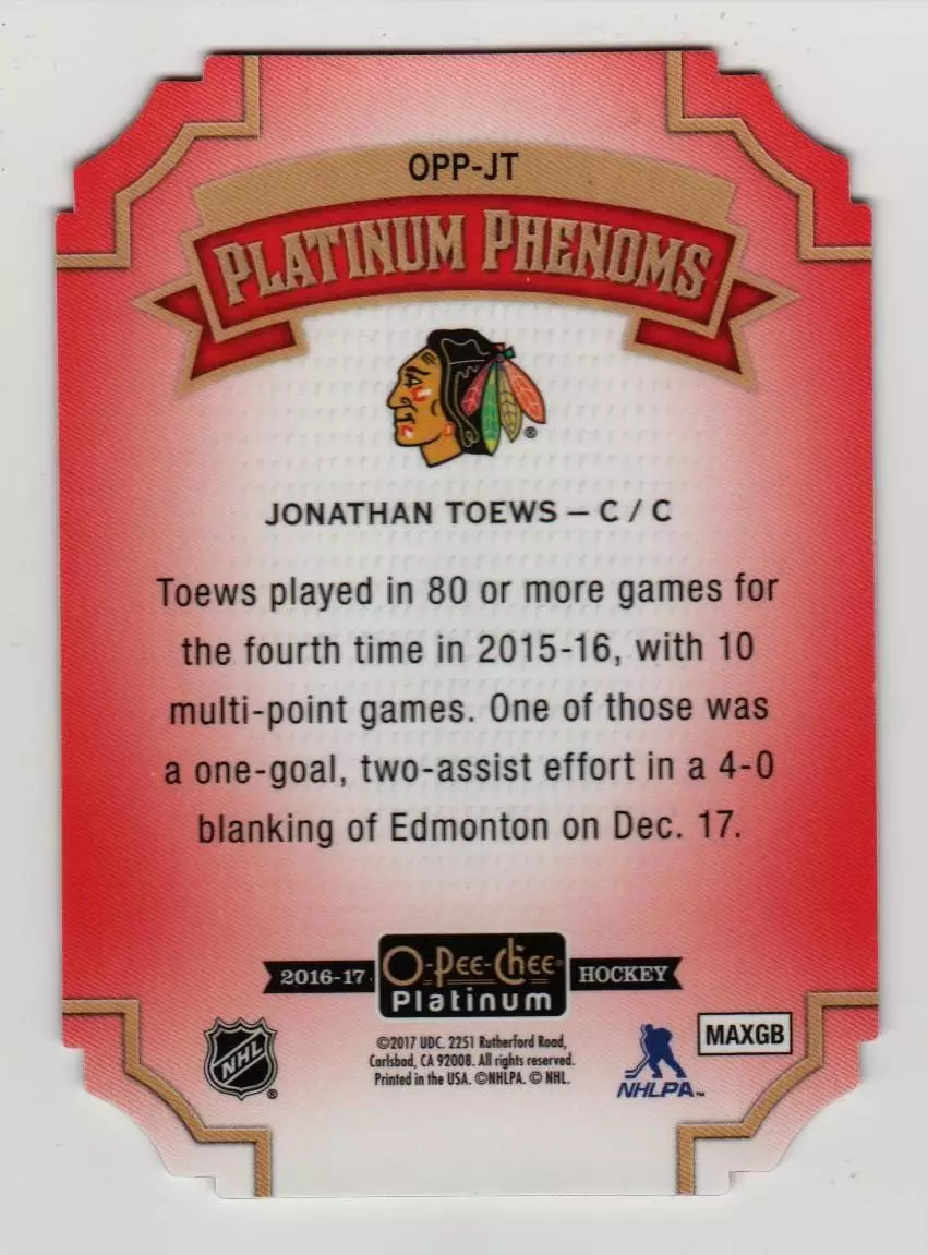 2016-17 O-Pee-Chee Platinum Platinum Phenoms Die Cuts #OPPJT Jonathan Toews 1