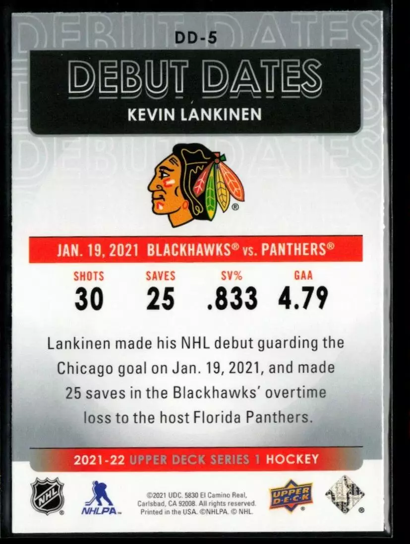 2021-22 Upper Deck Debut Dates #DD5 Kevin Lankinen 1