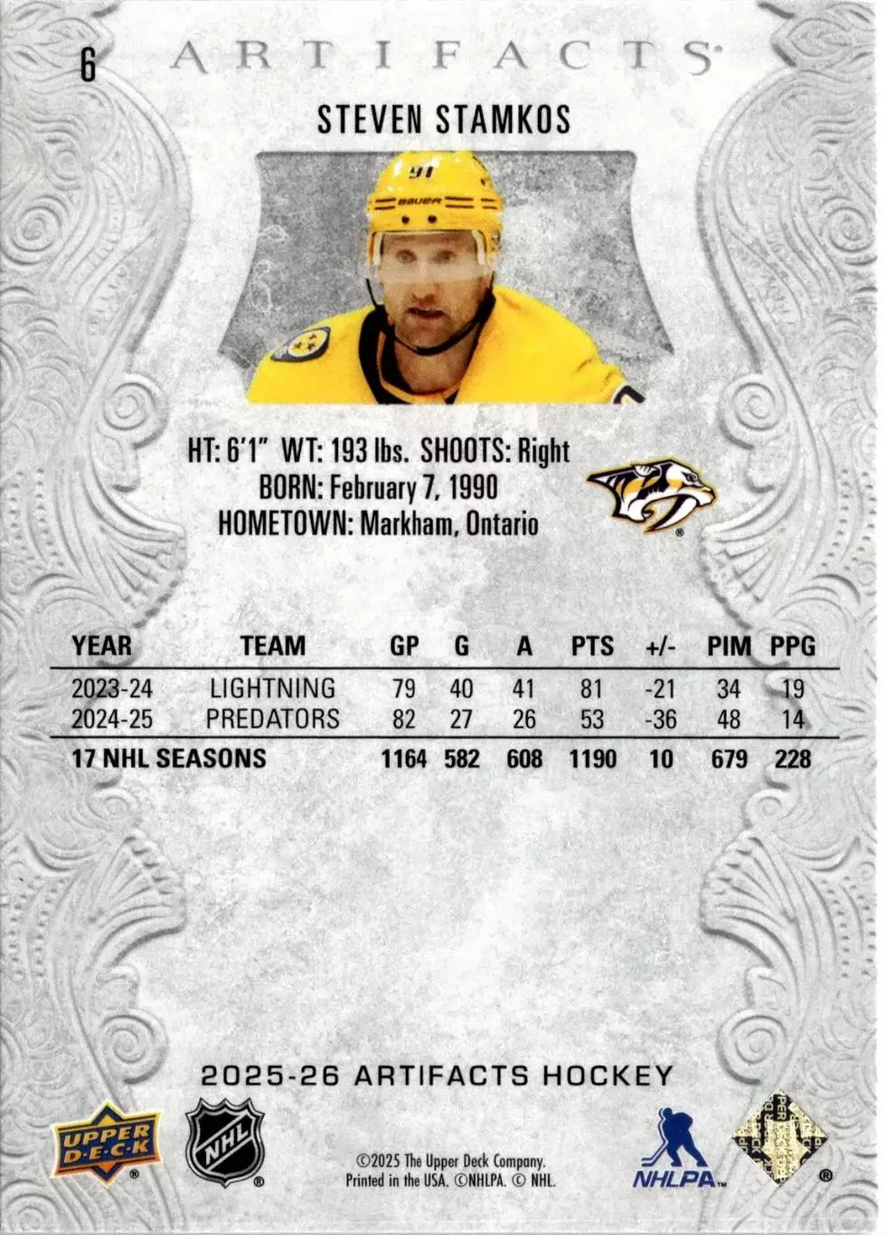 2025-26 Artifacts #6 Steven Stamkos 1
