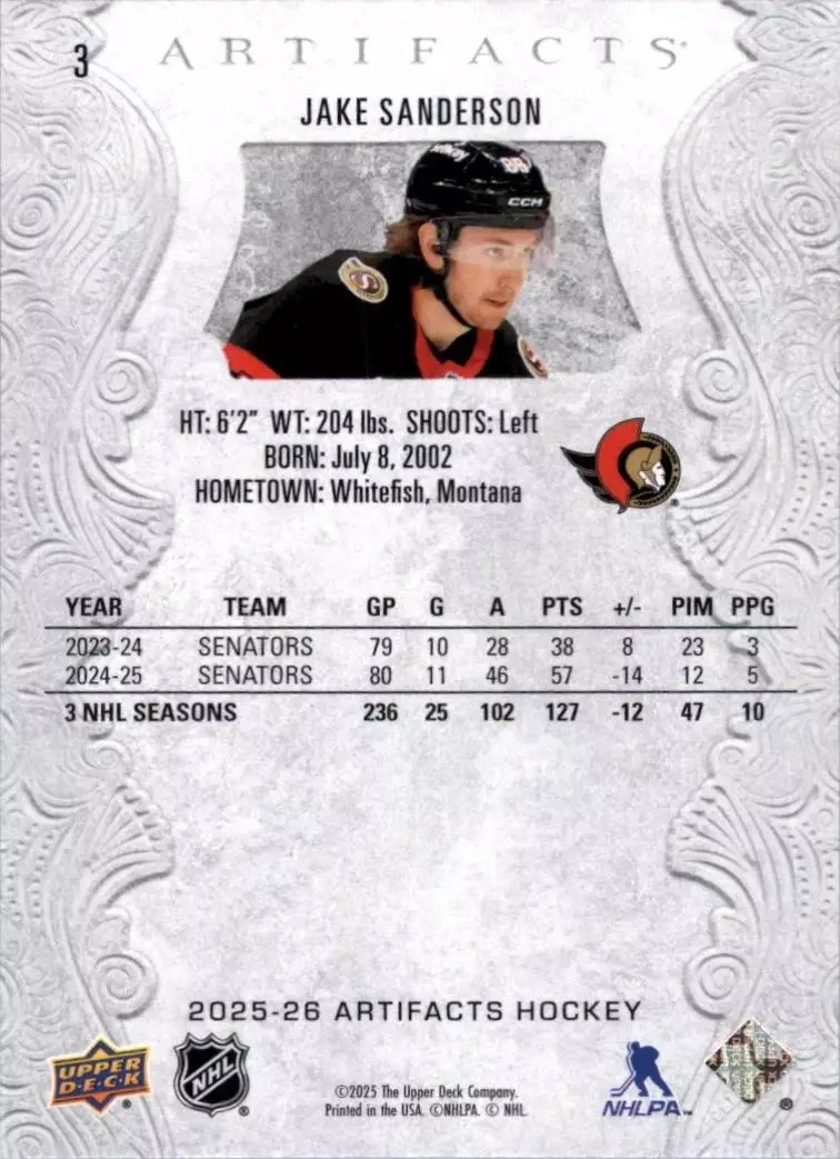 2025-26 Artifacts #3 Jake Sanderson 1