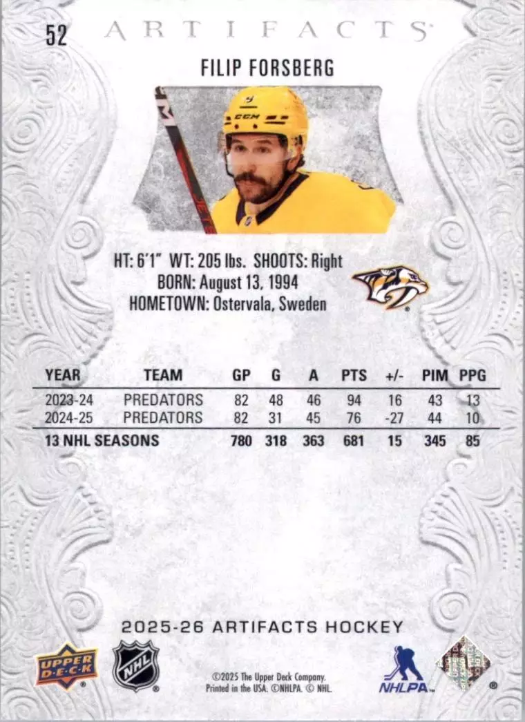 2025-26 Artifacts #52 Filip Forsberg 1
