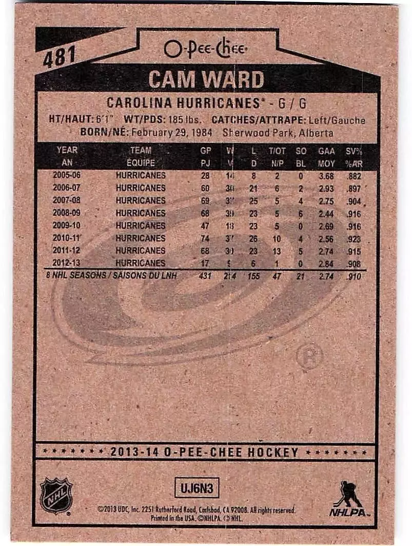 2013-14 O-Pee-Chee #481 Cam Ward 1