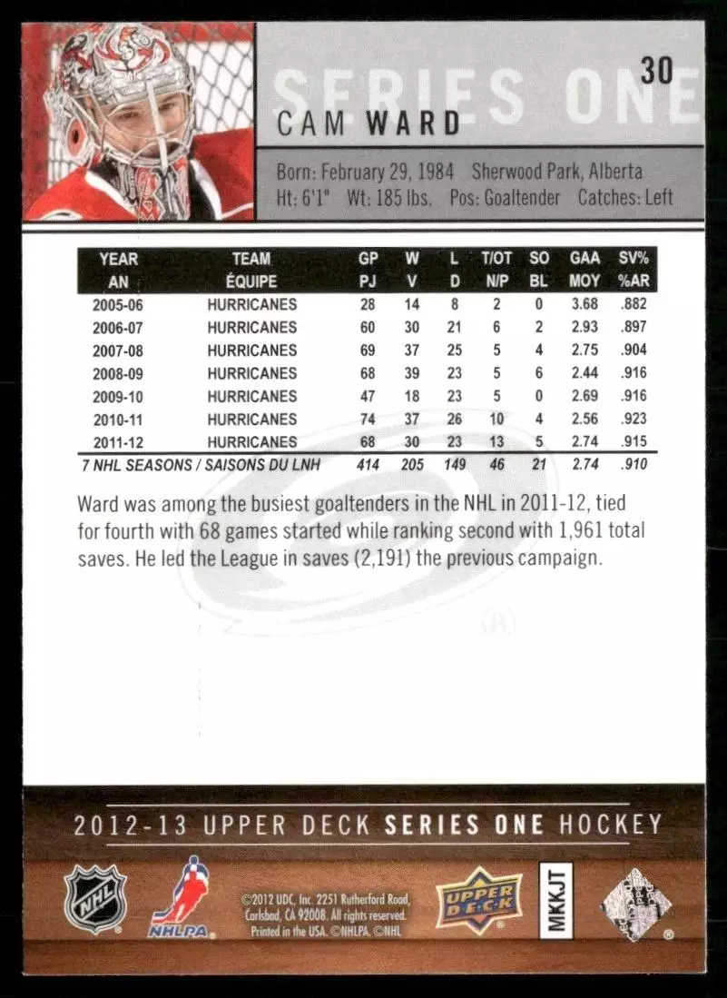 2012-13 Upper Deck #30 Cam Ward 1
