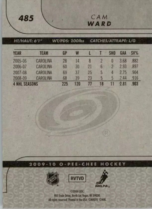 2009-10 O-Pee-Chee #485 Cam Ward 1