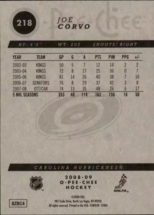 2008-09 O-Pee-Chee #218 Joe Corvo 1