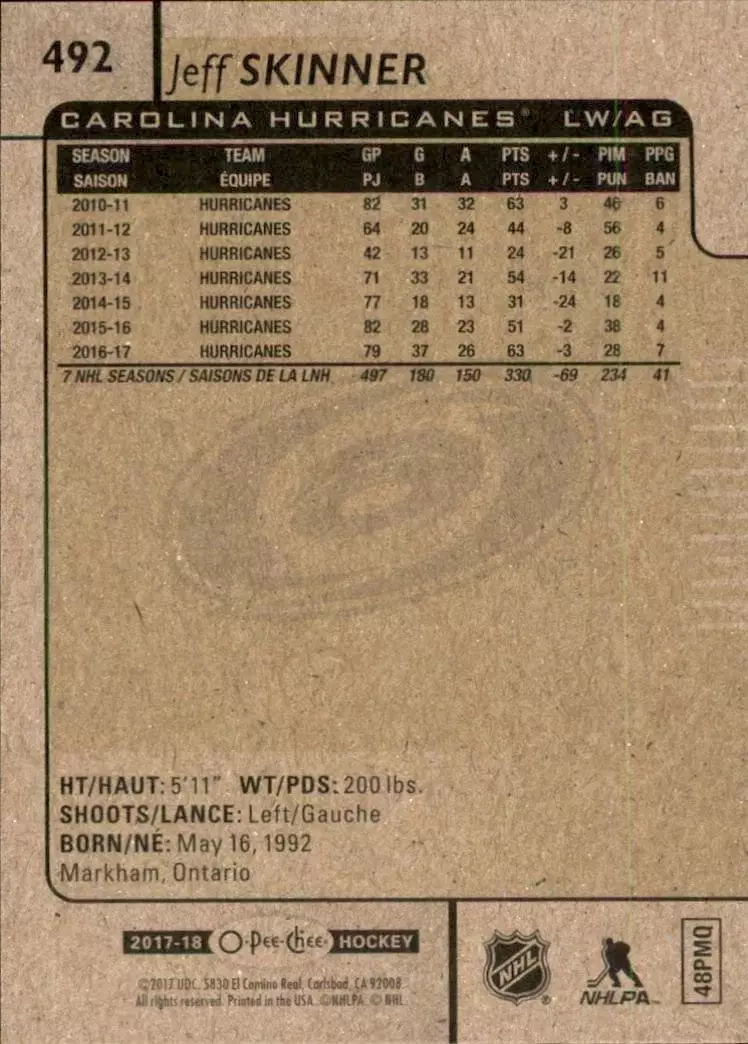 2017-18 O-Pee-Chee #492 Jeff Skinner 1