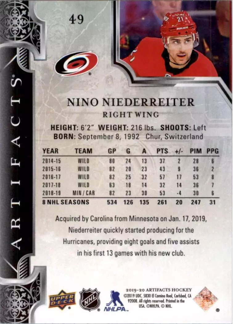 2019-20 Artifacts #49 Nino Niederreiter 1