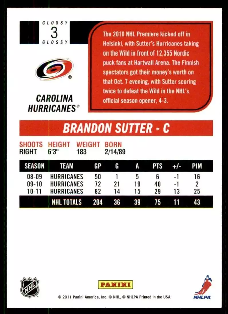 2011-12 Score #3 Brandon Sutter SH 1