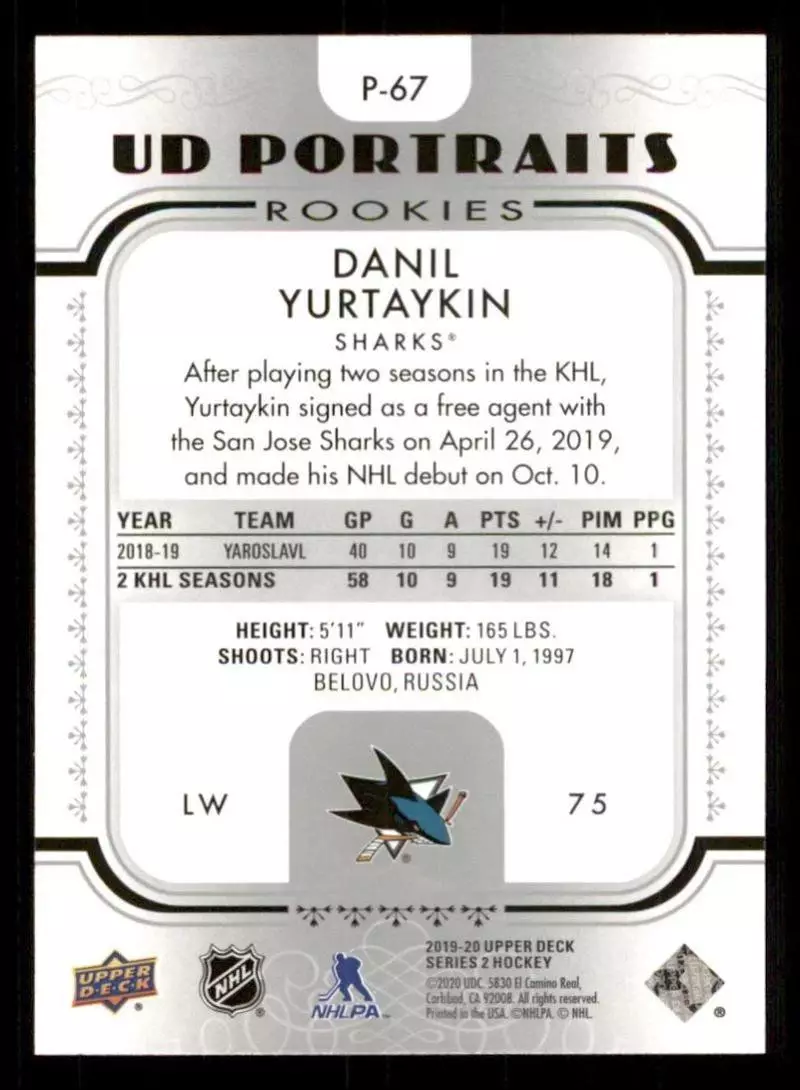 2019-20 Upper Deck UD Portraits #P67 Danil Yurtaykin 1