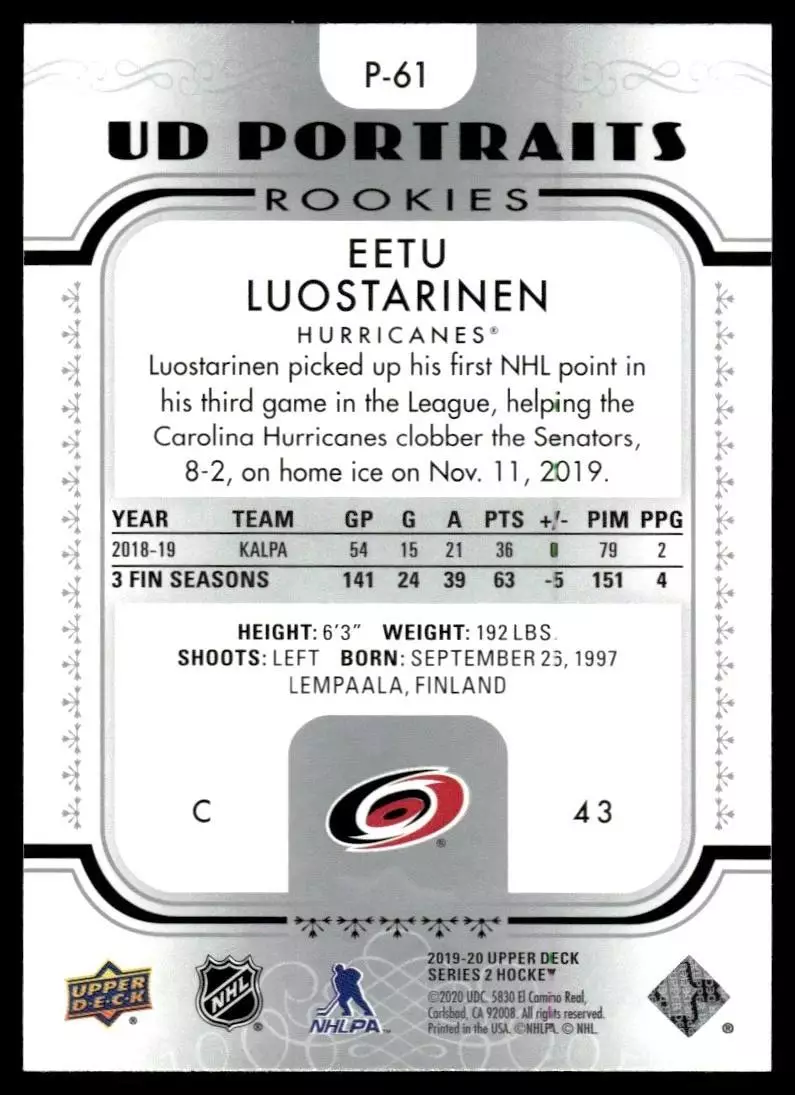 2019-20 Upper Deck UD Portraits #P61 Eetu Luostarinen 1