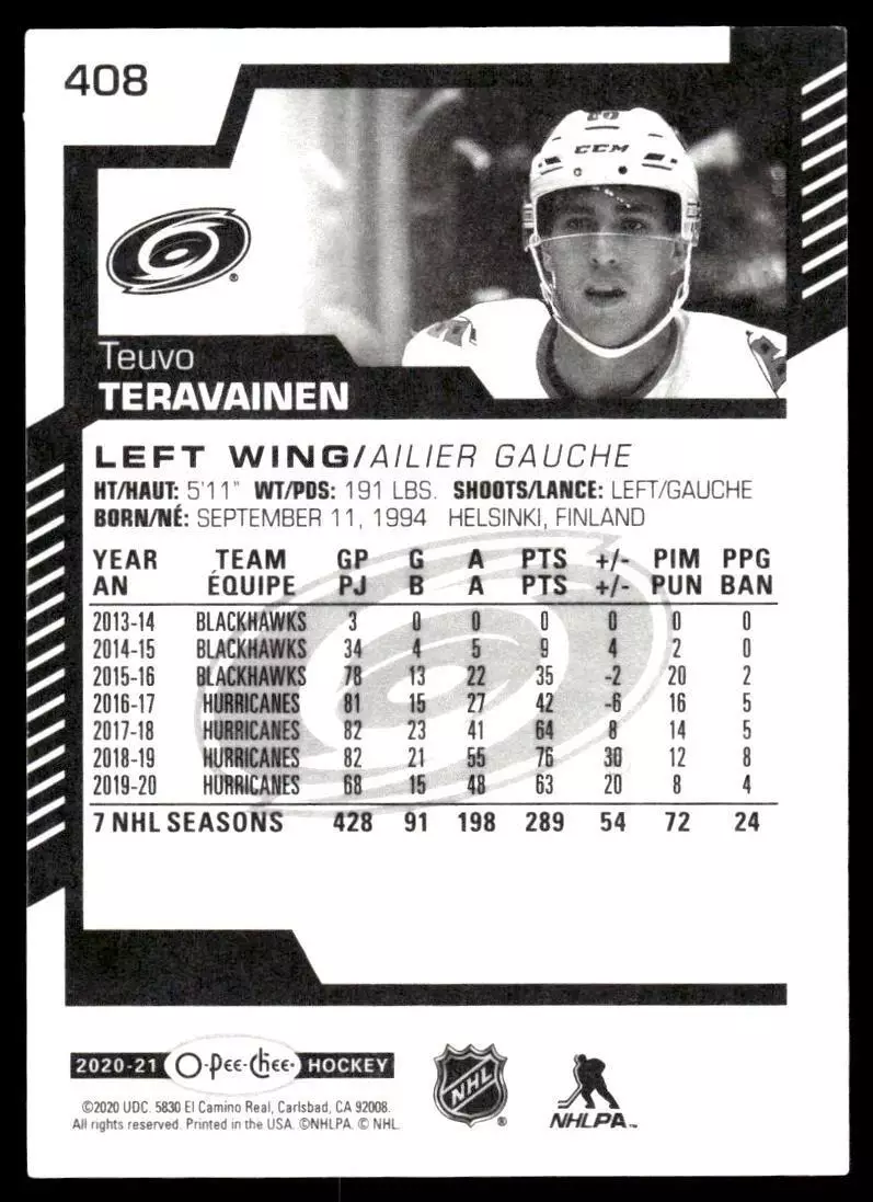 2020-21 O-Pee-Chee #408 Teuvo Teravainen 1