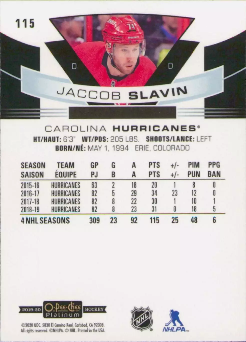 2019-20 O-Pee-Chee Platinum #115 Jaccob Slavin 1