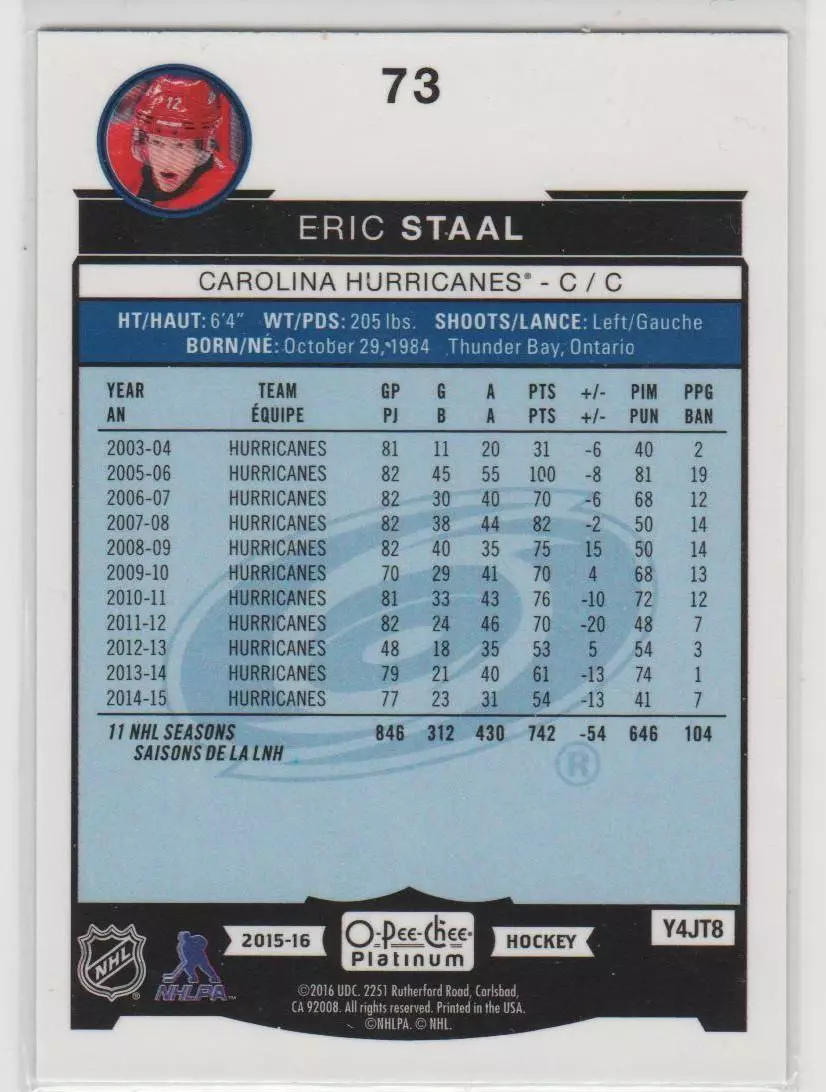2015-16 O-Pee-Chee Platinum #73 Eric Staal 1
