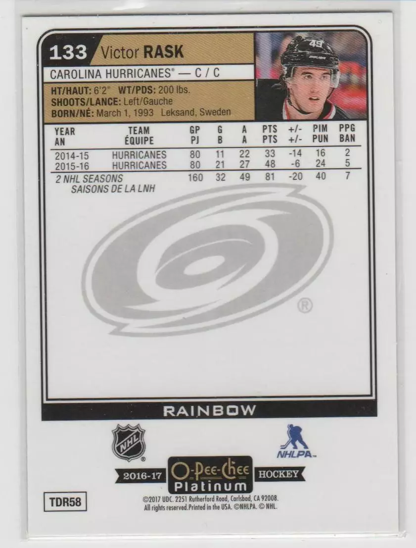 2016-17 O-Pee-Chee Platinum Rainbow #133 Victor Rask 1