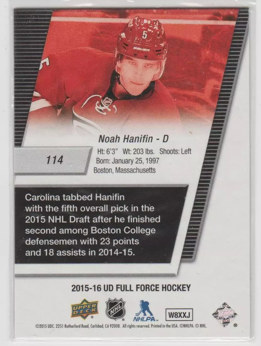 2015-16 Upper Deck Full Force 3D Freshman Noah Hanifin #114 Rookie RC 1
