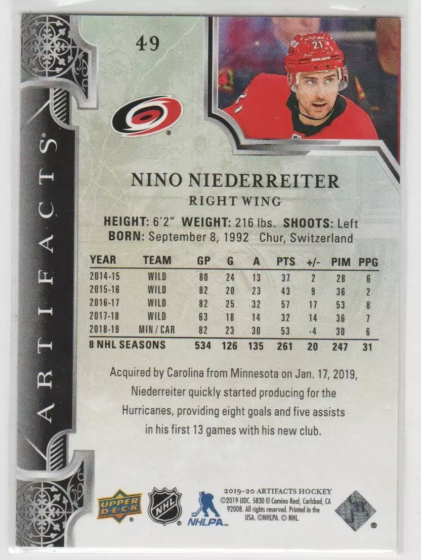 2019-20 Artifacts Copper #49 Nino Niederreiter 297\299 1