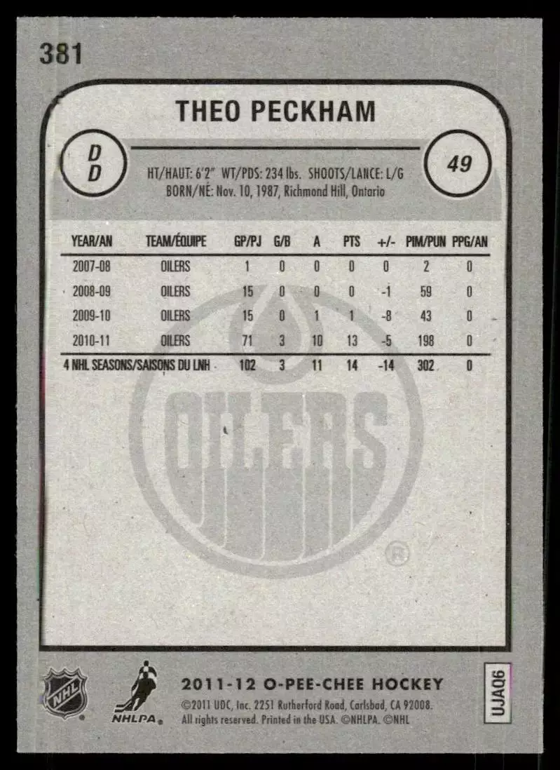 2011-12 O-Pee-Chee #381 Theo Peckham 1