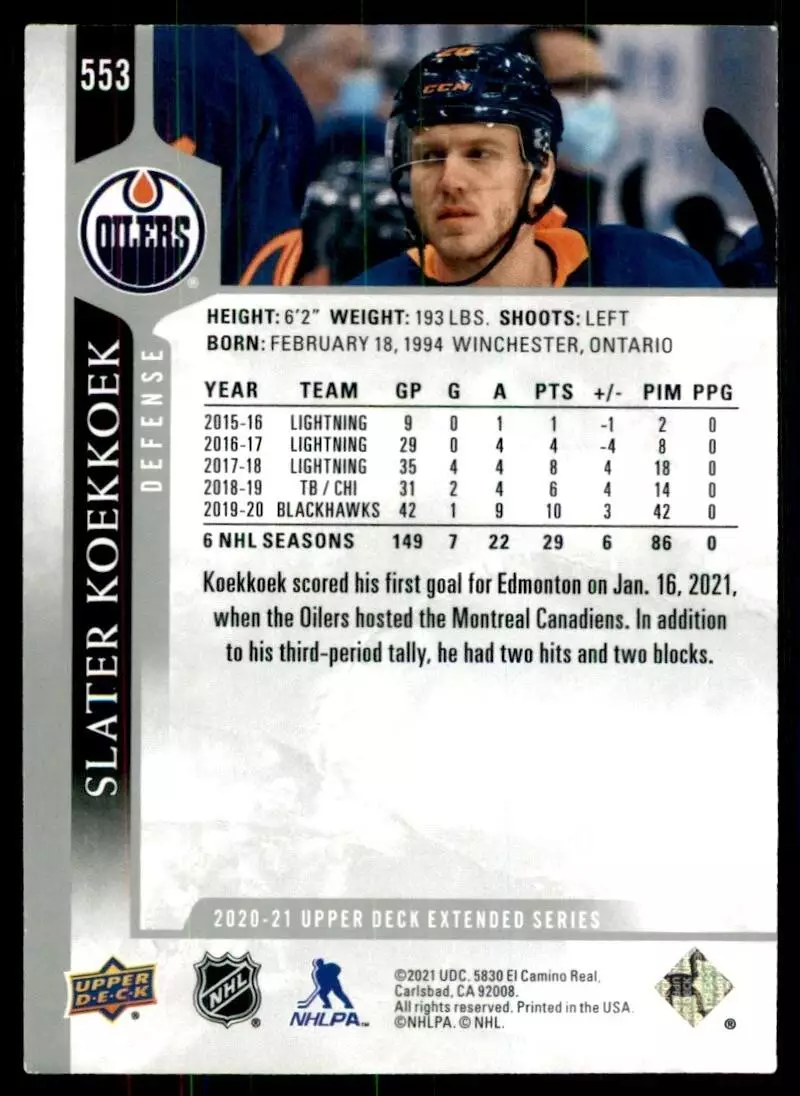 2020-21 Upper Deck #553 Slater Koekkoek 1
