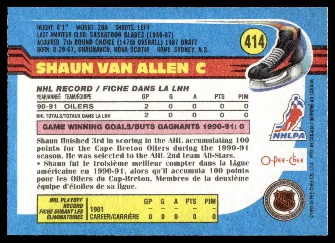 1991-92 O-Pee-Chee #414 Shaun Van Allen RC 1