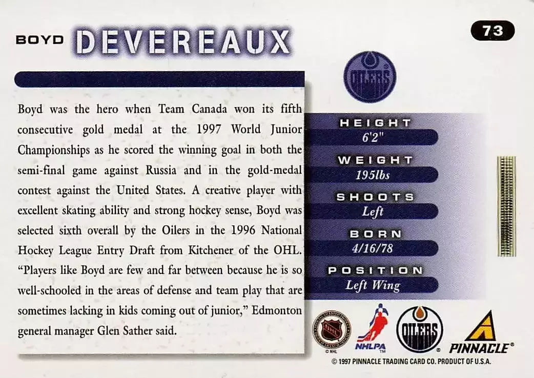 1997-98 Score #73 Boyd Devereaux 1