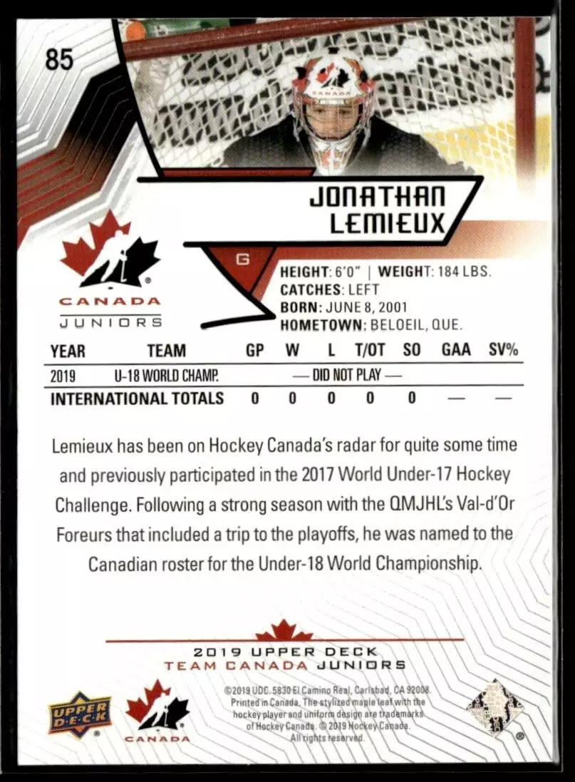 2019-20 Upper Deck Team Canada Juniors #85 Jonathan Lemieux 1
