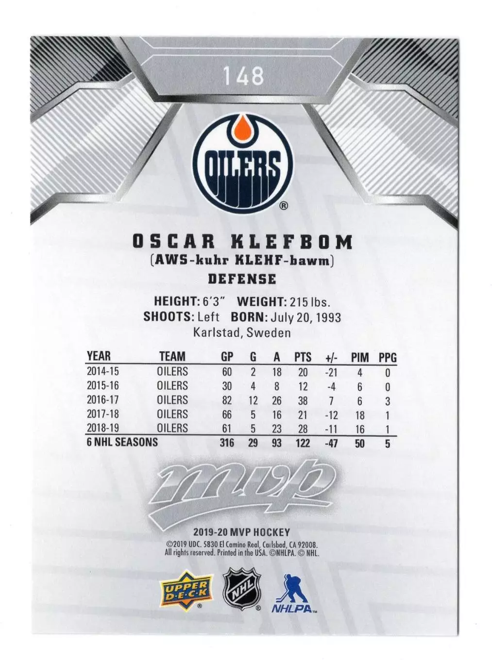 2019-20 Upper Deck MVP Silver Script #148 Oscar Klefbom 1