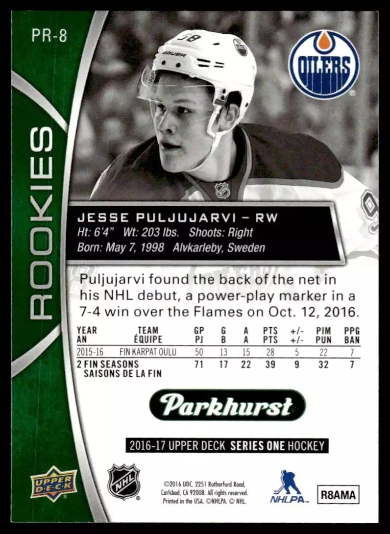 2016-17 Upper Deck Parkhurst Rookies #PR8 Jesse Puljujarvi 1