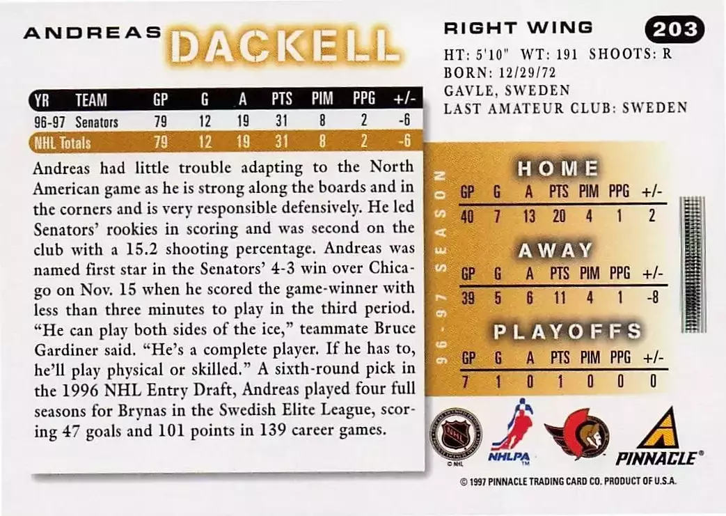 1997-98 Score #203 Andreas Dackell 1