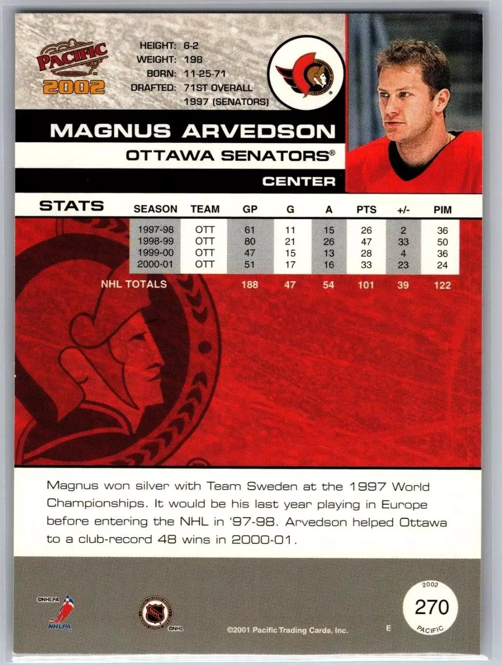 2001-02 Pacific #270 Magnus Arvedson 1